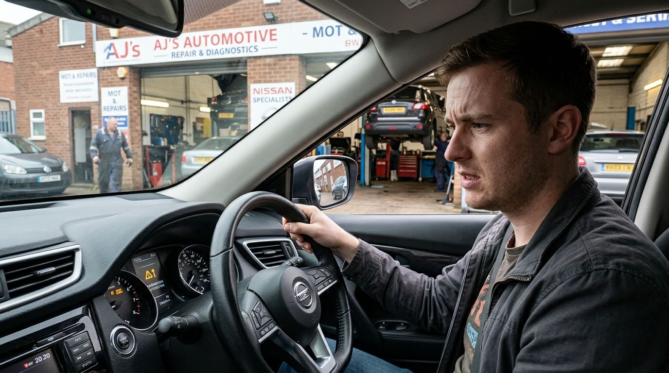 Man sitting in Nissan car looking concerned with warning lights on dashboard outside AJ's Automotive repair shop