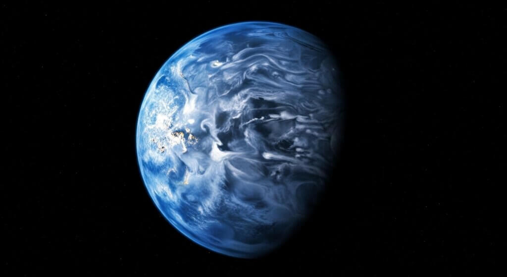 Planet Earth partially illuminated with swirling white clouds against black space background