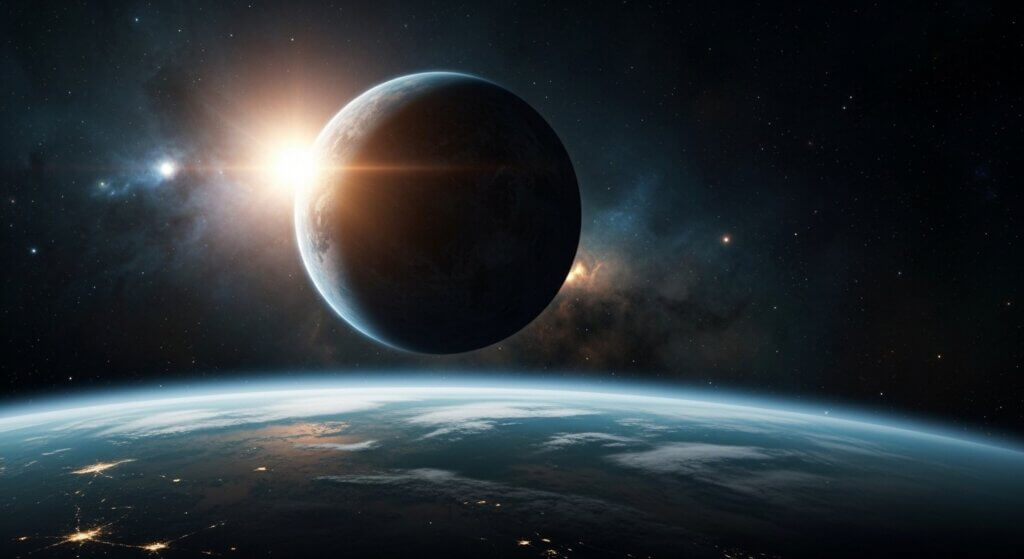 Sunrise over a dark planet with Earth and city lights visible below in outer space.