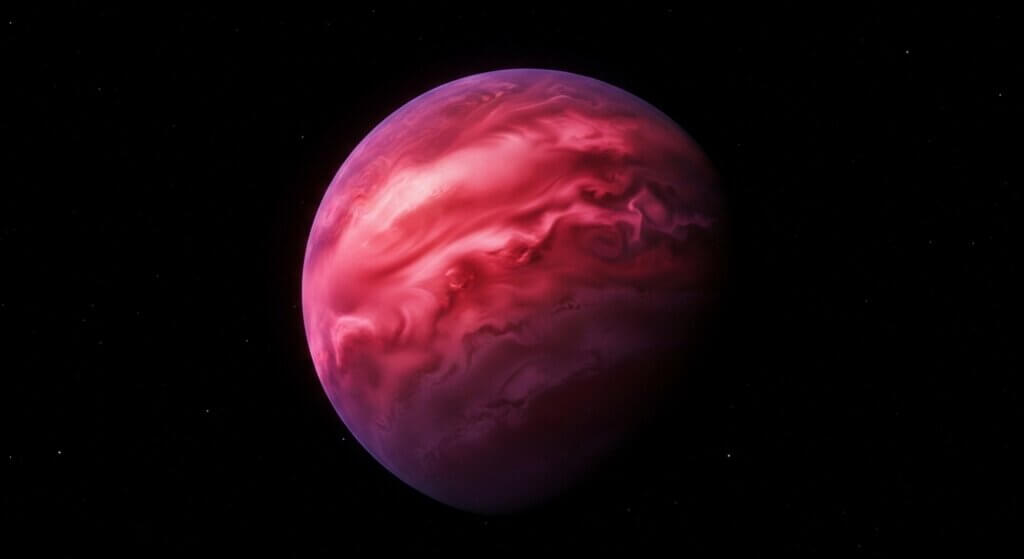 Red and purple swirling gas giant planet against a black space background