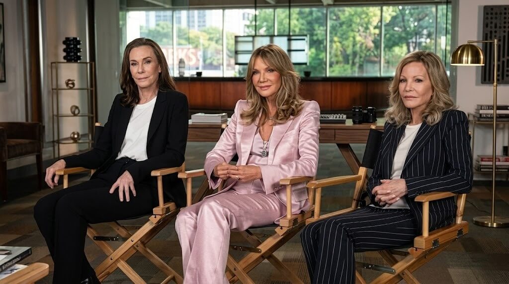 Kathryn Kates, Michelle Pfeiffer, and Kim Cattrall seated in director chairs in a modern office setting.