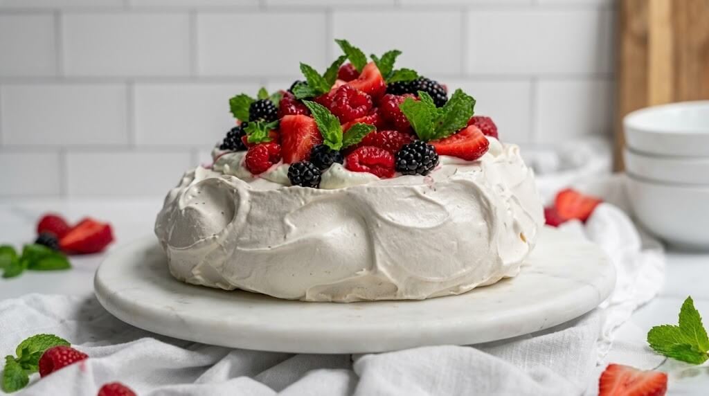 Pavlova topped with strawberries, raspberries, blackberries, and fresh mint leaves on a marble platter.