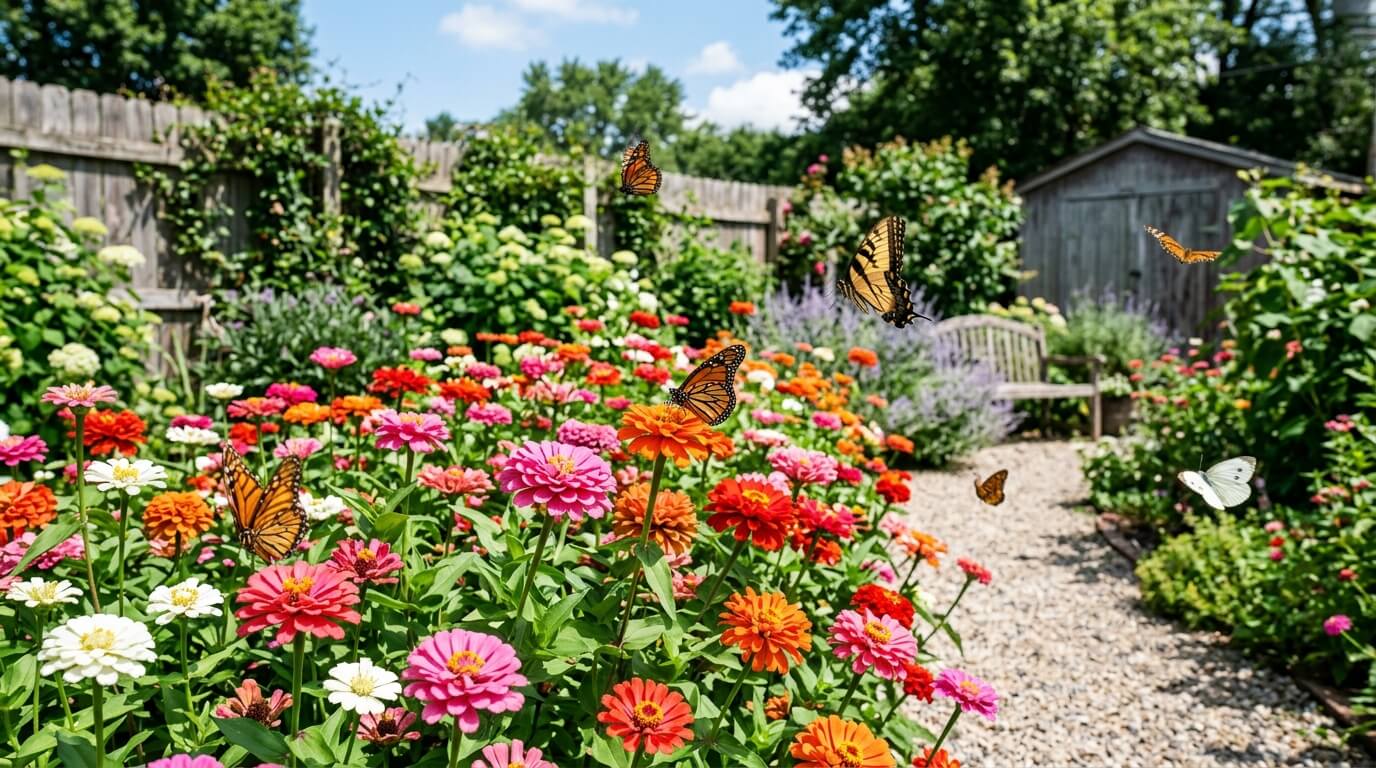 Colorful zinnia flowers with monarch and white butterflies in a sunny garden with a wooden bench and shed.