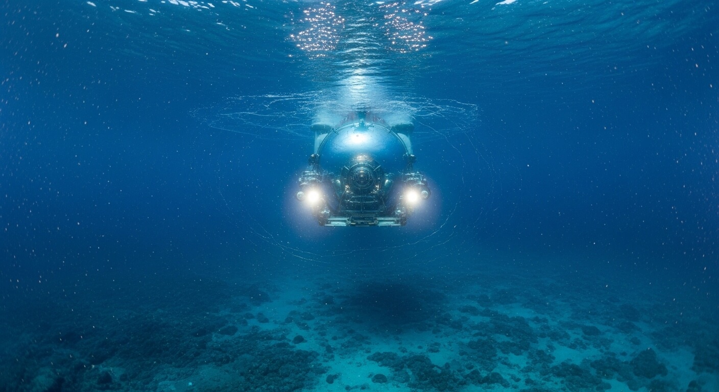 small deep-sea submersible with lights on exploring the ocean floor