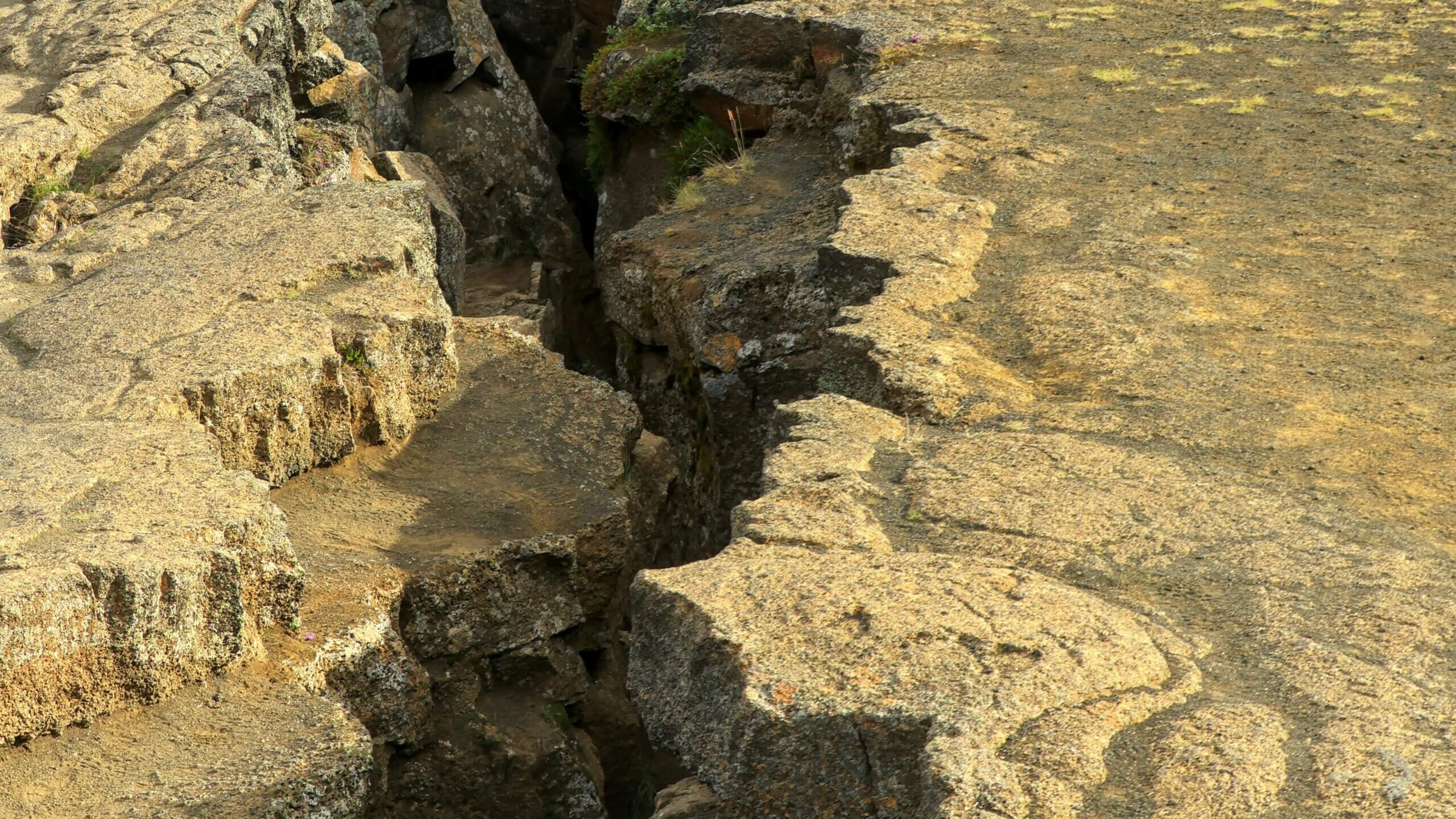 Close-up of a deep fissure in rocky terrain with rough, weathered stone surfaces.