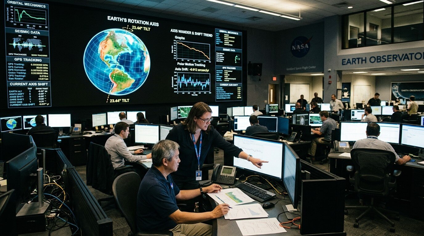 NASA Earth Observatory control room with scientists analyzing Earth's rotation and seismic data on multiple monitors