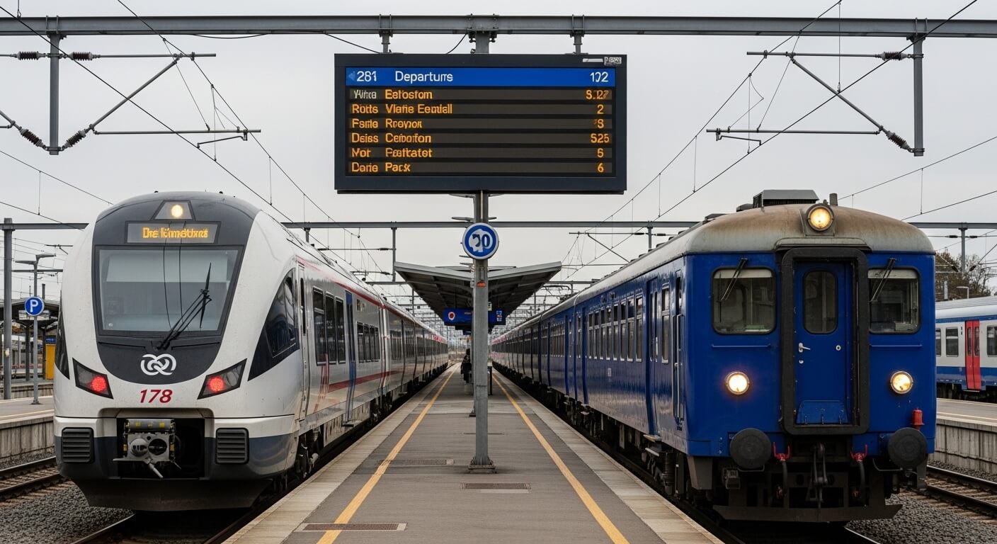 Two trains, one white and one blue, at a train station platform under a digital departure board.