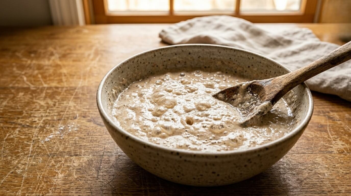 Bubbly sourdough starter in a speckled ceramic bowl with a wooden spoon on a wooden table