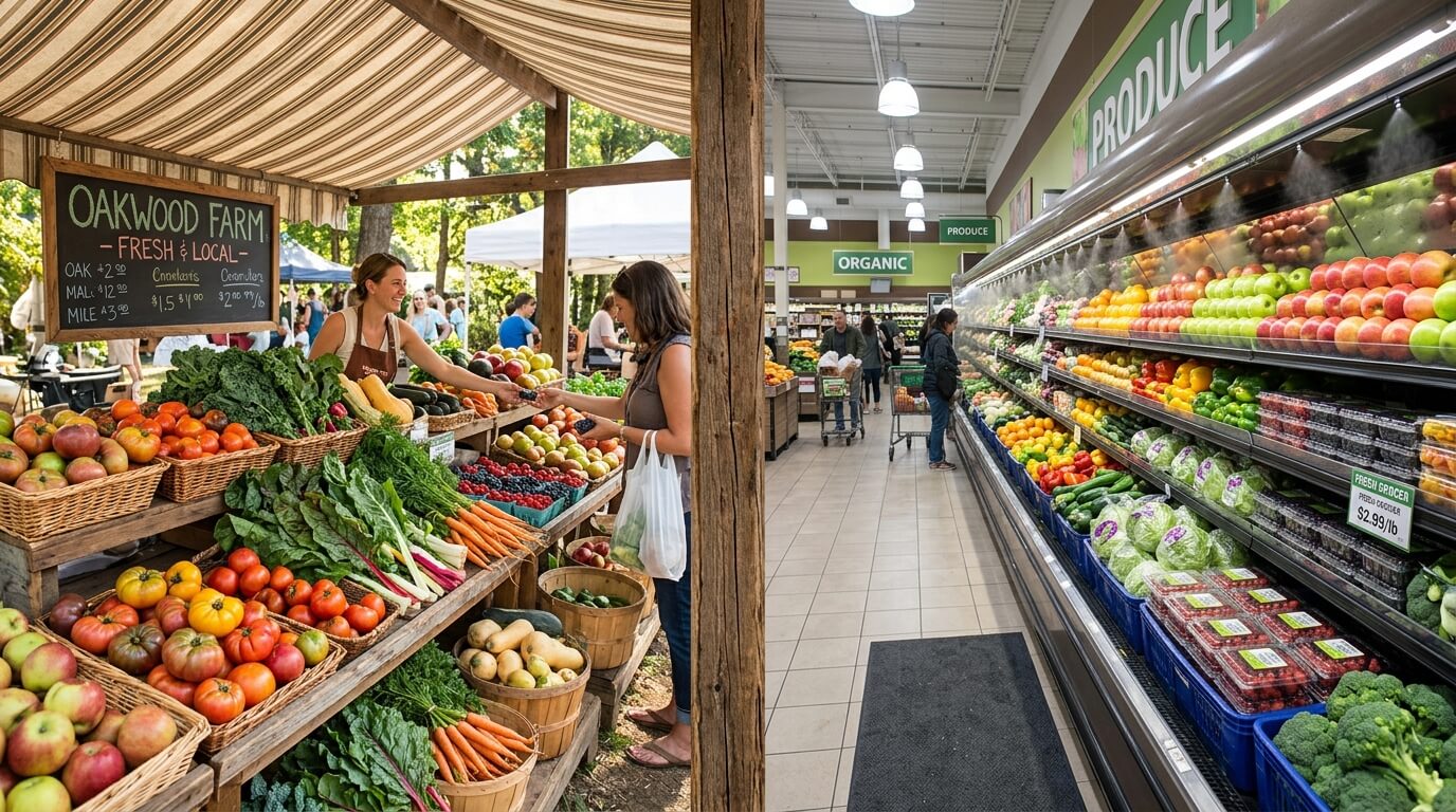 Customer buying fresh produce at Oakwood Farm stand next to an organic produce aisle in a grocery store.