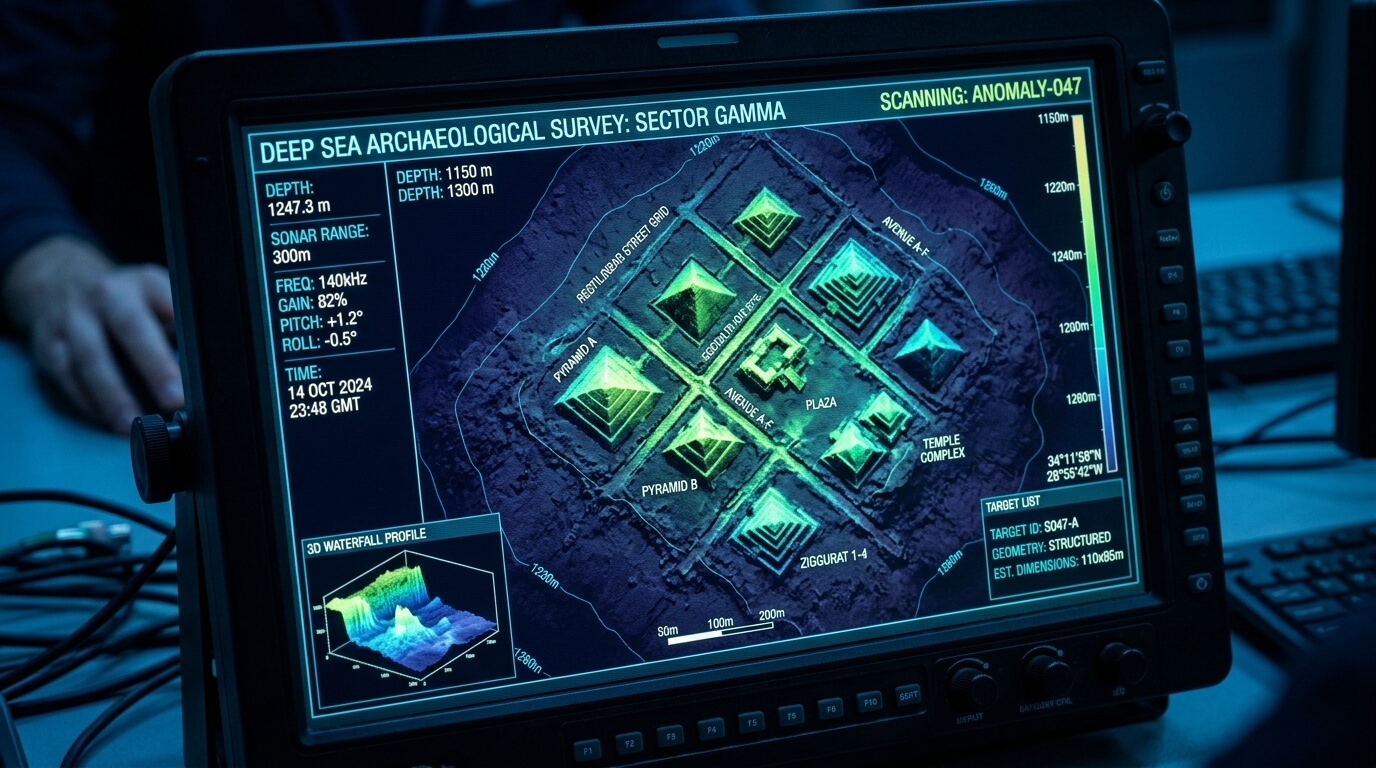 Deep sea archaeological survey screen showing sonar scan of pyramid structures and temple complex at 1247m depth.