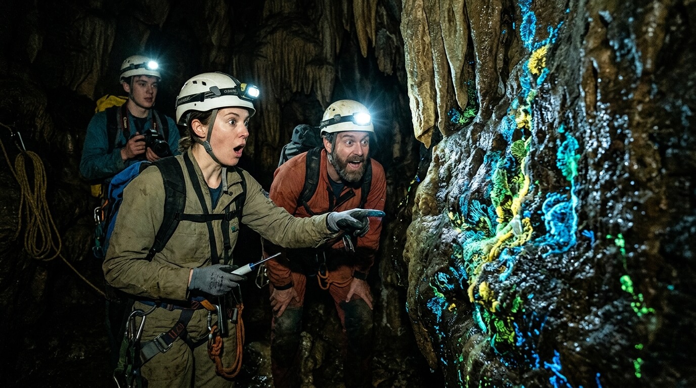 Three cavers with helmets and headlamps examining glowing bioluminescent formations inside a cave.