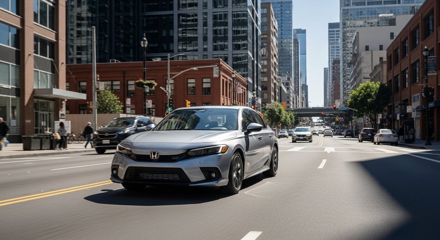 Silver Honda sedan driving on a city street with tall buildings and traffic in the background