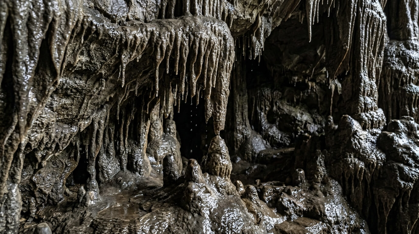 Wet stalactites and stalagmites inside a dark limestone cave with water droplets falling.
