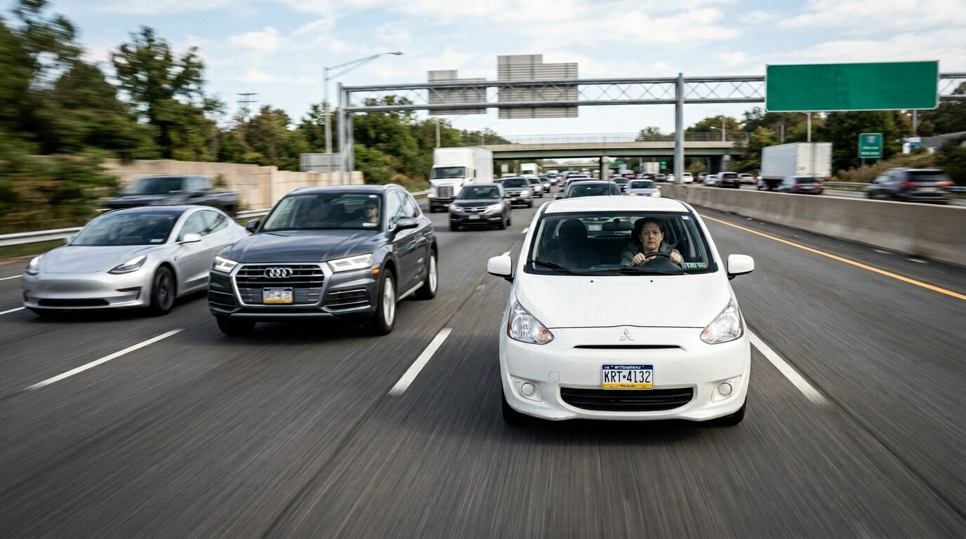 White Mitsubishi car with a driver in front of an Audi SUV and a Tesla sedan on a busy highway.