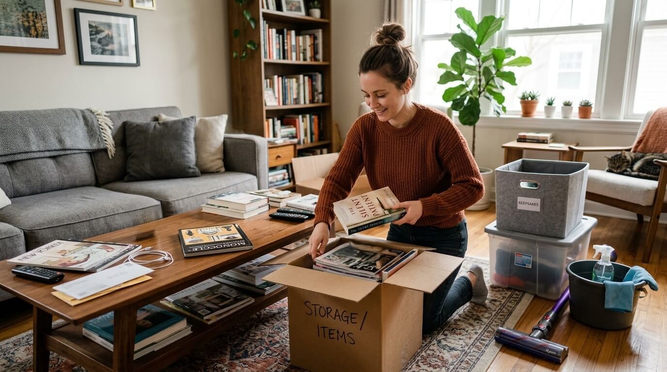 Woman packing books into a cardboard box labeled "Storage/Items" in a living room with cleaning supplies nearby