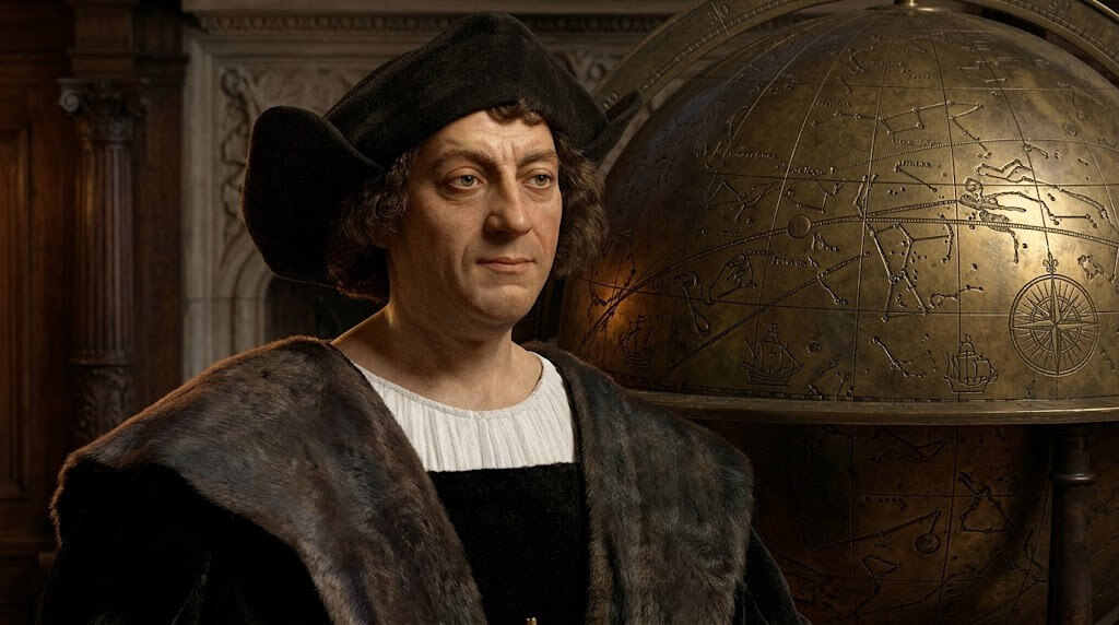 Portrait of Christopher Columbus wearing a fur-trimmed robe and hat with a large antique globe in the background
