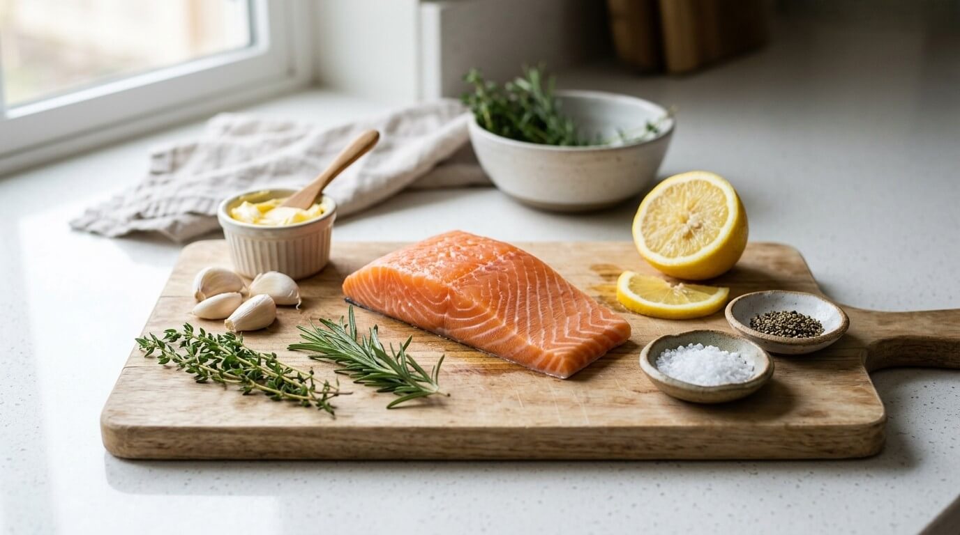 Raw salmon fillet on a wooden cutting board with garlic, herbs, lemon, salt, pepper, and butter