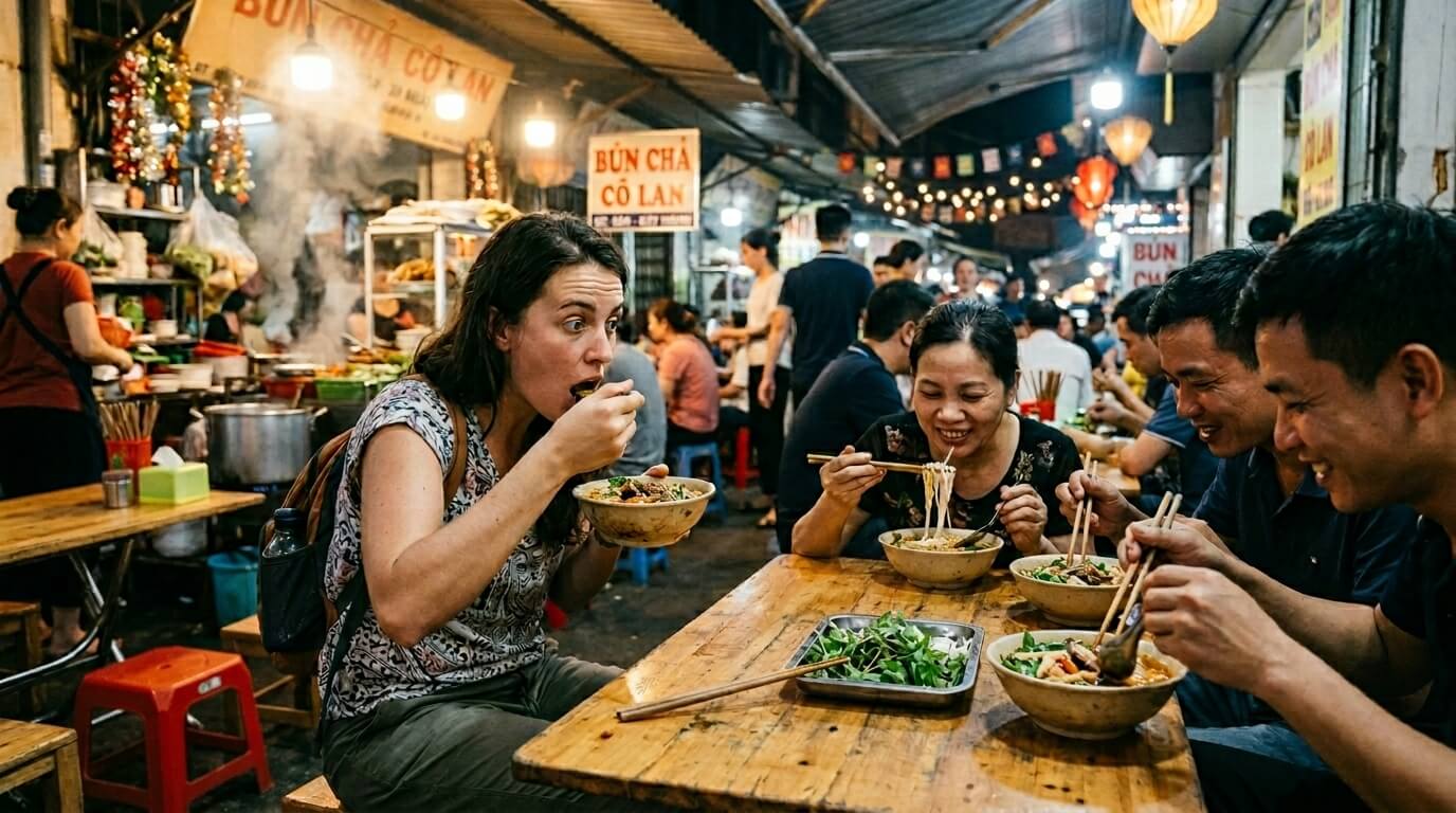 Group of people enjoying bowls of Vietnamese noodle soup at a bustling street food stall.