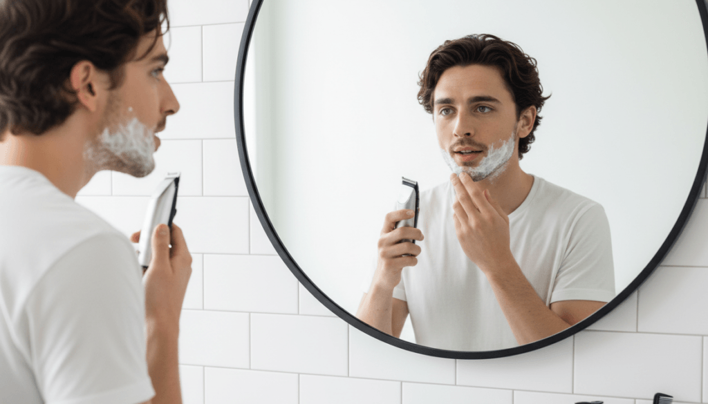 Young man with shaving cream using electric trimmer in front of bathroom mirror