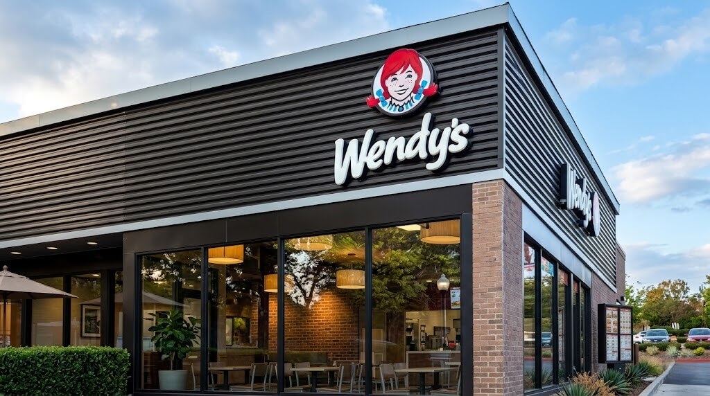 Wendy's fast food restaurant exterior with logo and glass windows showing interior seating area.