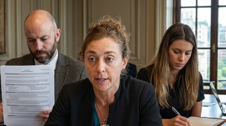 Three professionals in a meeting room, one woman speaking, a man reading a document, and another woman taking notes.