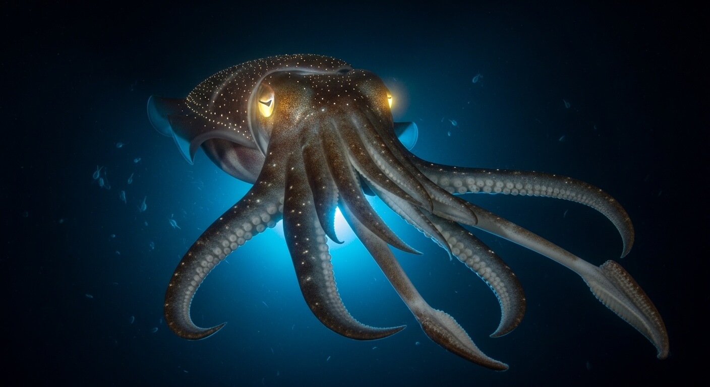 Bioluminescent deep-sea squid with glowing eyes and tentacles illuminated against dark ocean background.