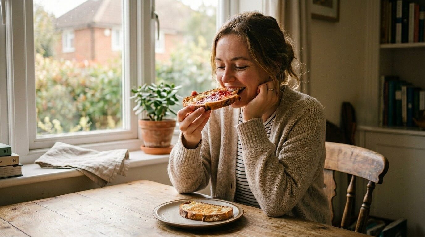 Woman in a beige cardigan eating toast with jam at a wooden table by a window with a potted plant.