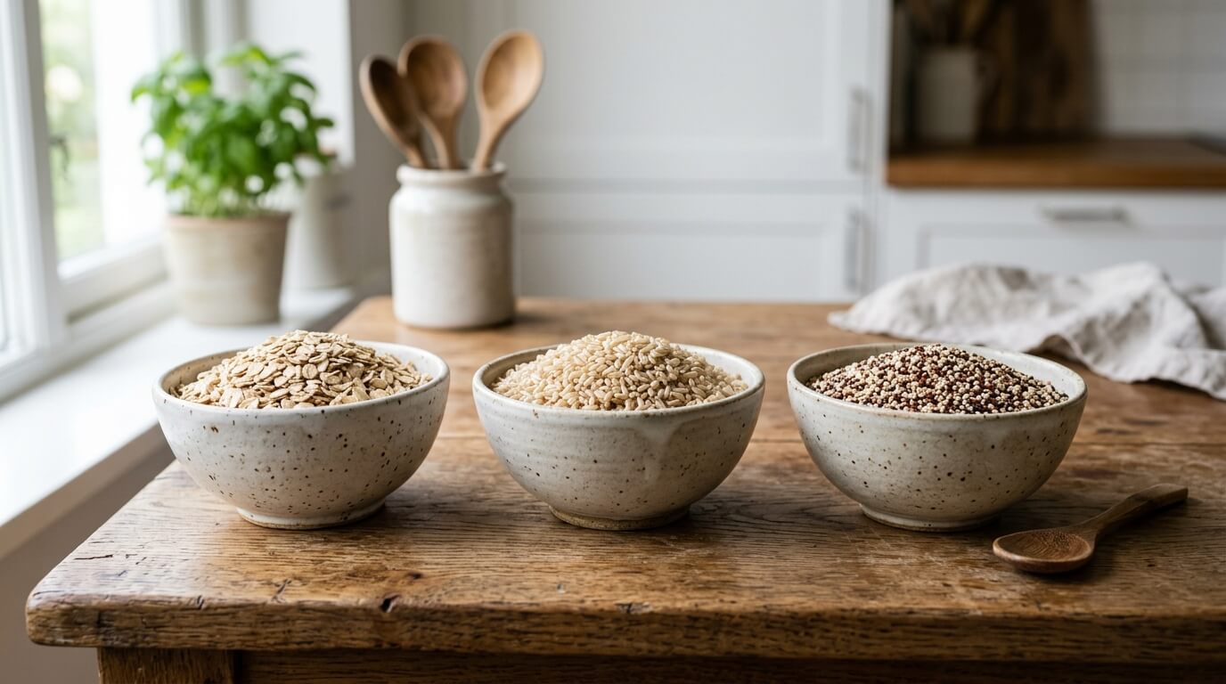 Three ceramic bowls filled with oats, brown rice, and quinoa on a wooden kitchen table with wooden spoons in the background