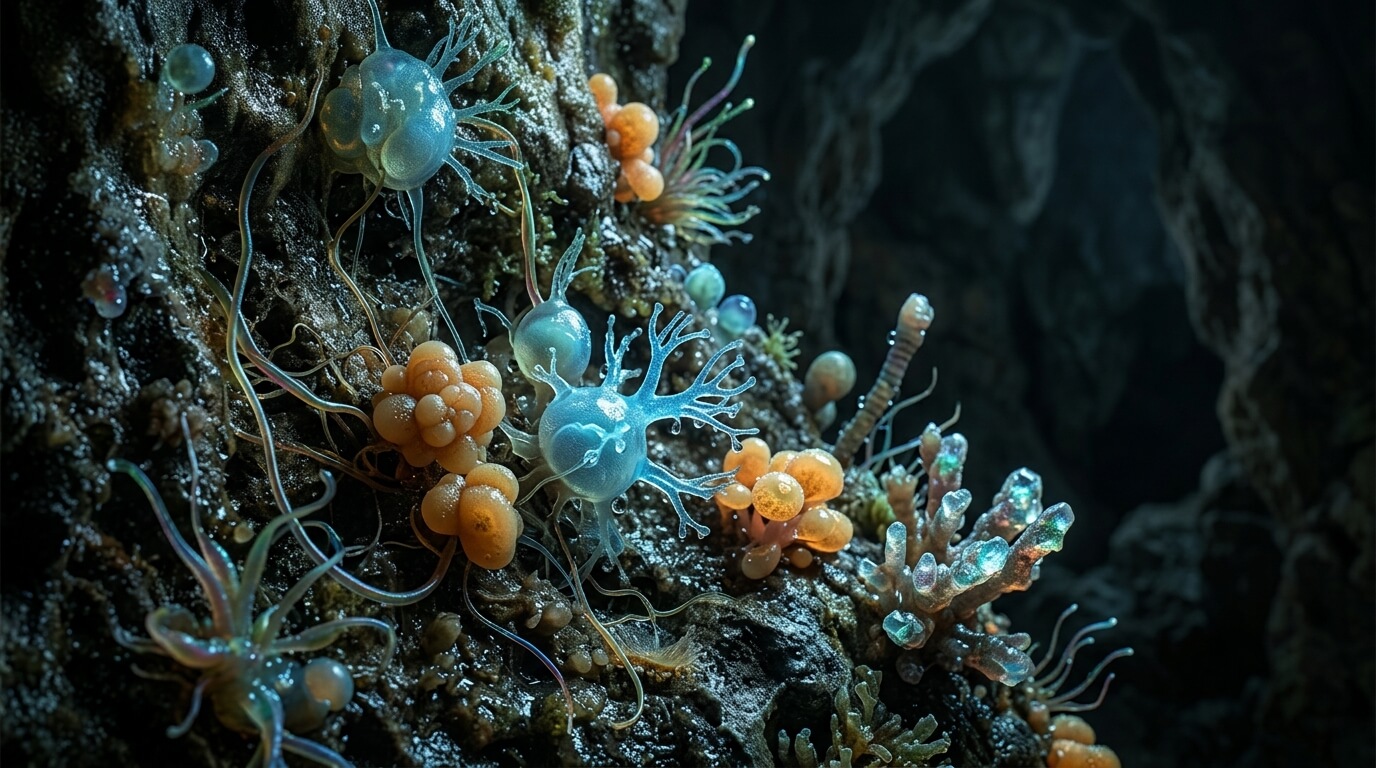 Close-up of translucent blue and orange coral-like organisms on a dark underwater rock surface