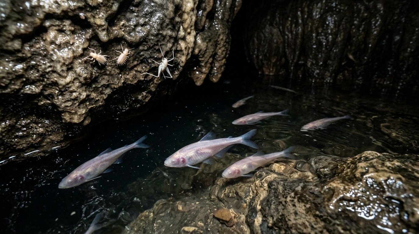 Blind cave fish swimming near cave insects on rocky cave walls in dark water