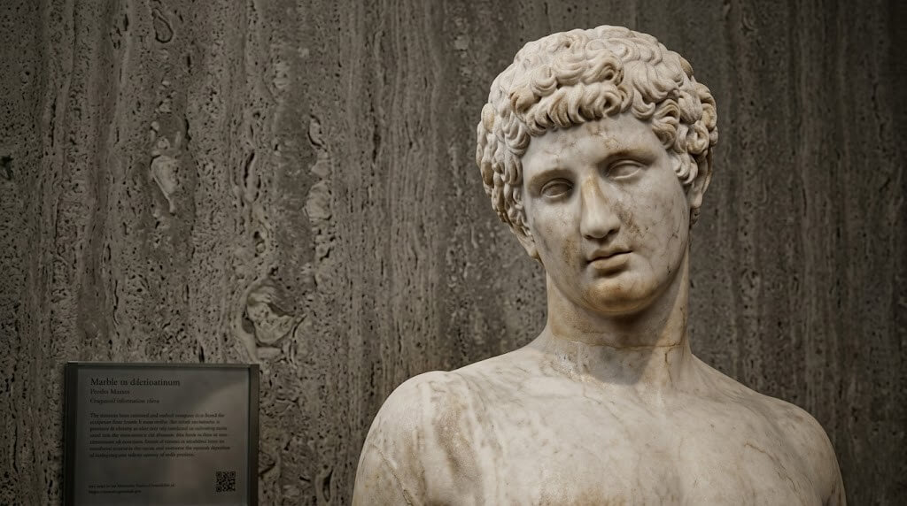Marble bust of a man with curly hair displayed against a textured stone wall in a museum setting