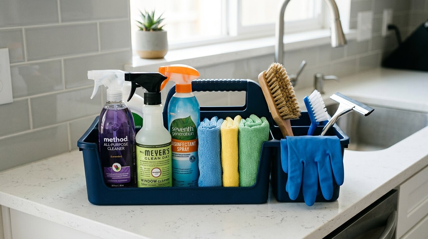 Cleaning caddy with Method, Mrs. Meyer's, Seventh Generation sprays, microfiber cloths, brushes, gloves, and squeegee on kitchen counter