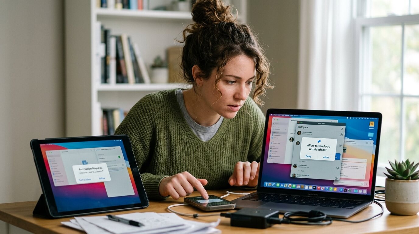 Woman using iPhone, MacBook Pro, and iPad with permission request pop-ups on screens at a wooden desk