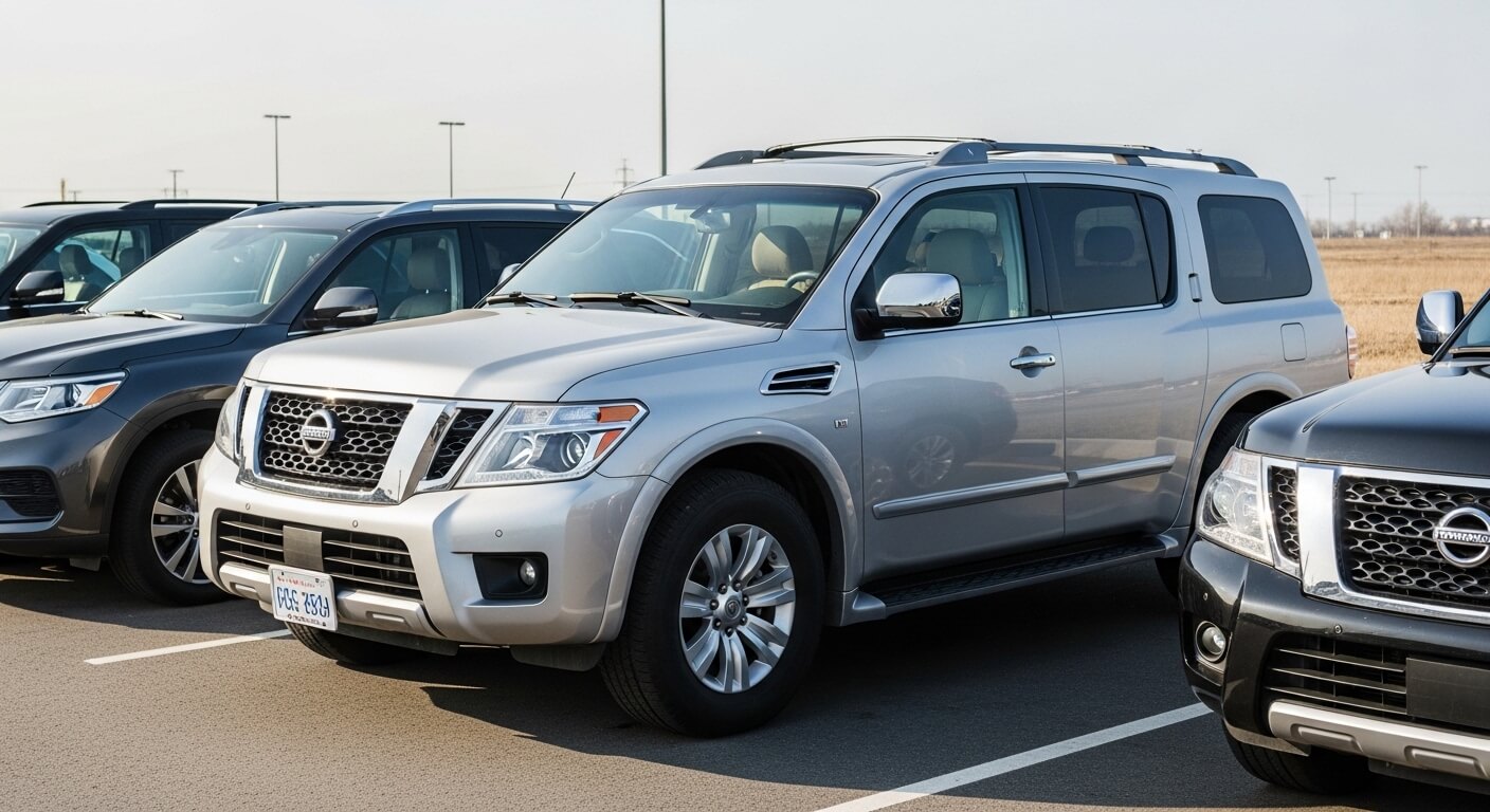 Silver Nissan Armada SUV parked between other vehicles in an outdoor parking lot