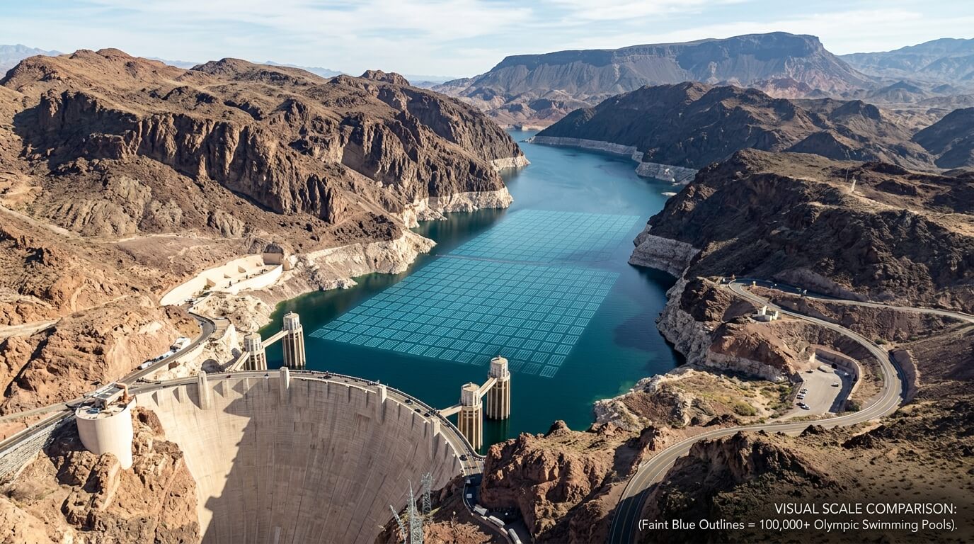 Hoover Dam with a visual scale comparison of floating solar panels covering Lake Mead reservoir.