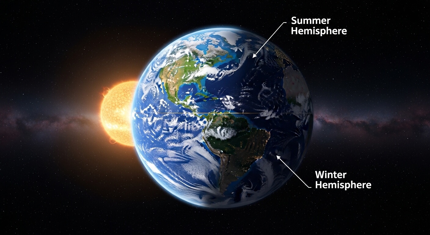 Earth illuminated by the Sun showing the Northern Hemisphere in summer and the Southern Hemisphere in winter.