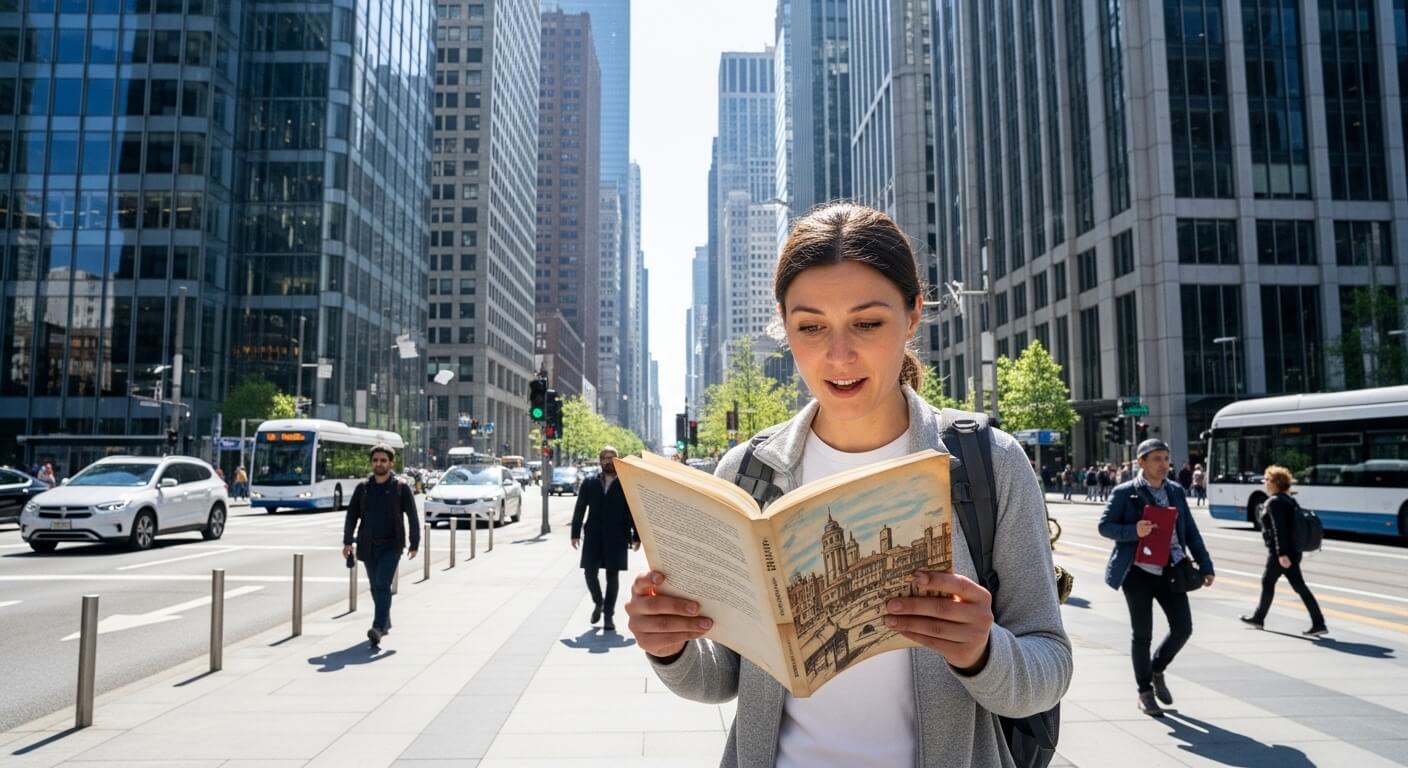Young woman reading a book with a cityscape illustration on the cover on a busy urban street with skyscrapers.