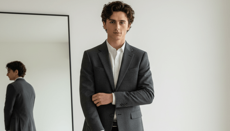 Young man in a gray suit adjusting his sleeve standing next to a mirror reflecting his side profile.