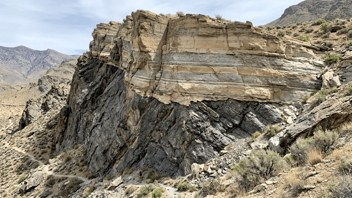 Hiker walking on a trail near layered rock formations in a mountainous desert landscape.