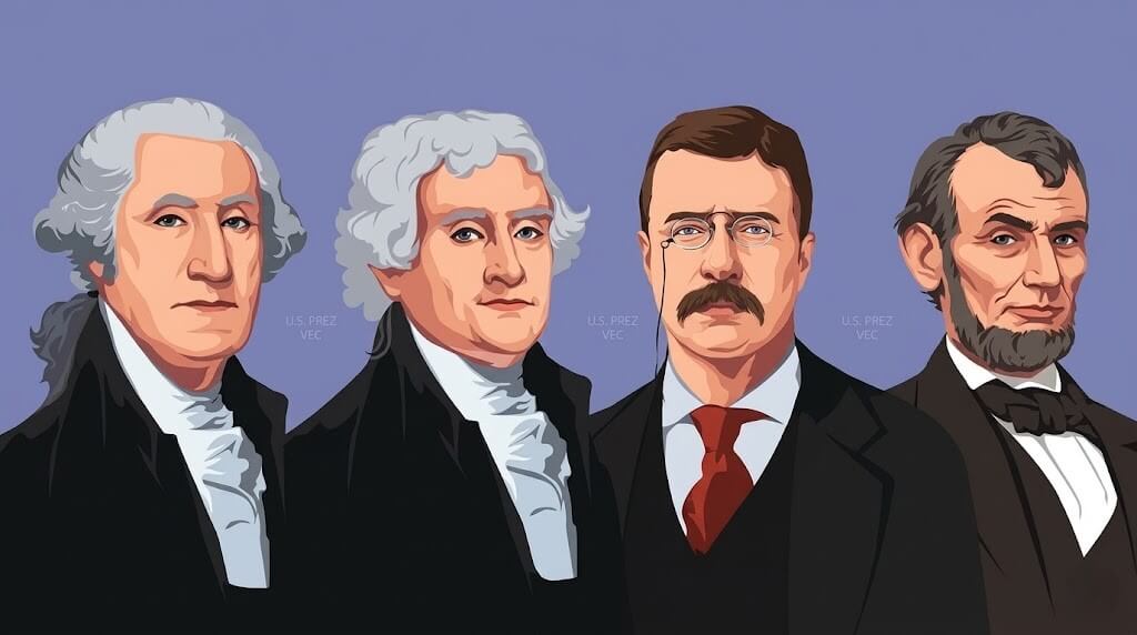 Illustrations of U.S. Presidents George Washington, Thomas Jefferson, Theodore Roosevelt, and Abraham Lincoln against a purple background.