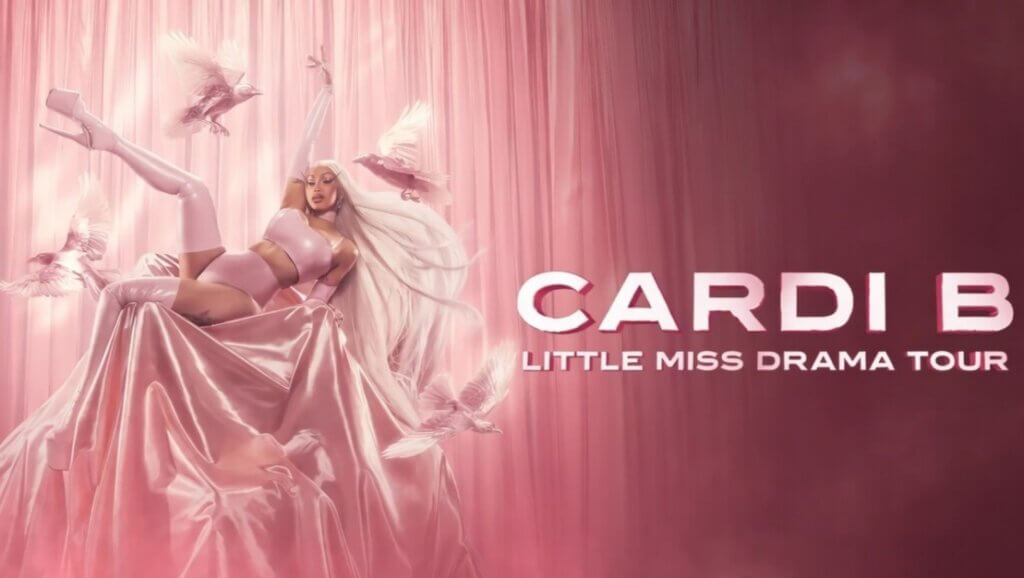 Cardi B in pink outfit with long white hair and doves for Little Miss Drama Tour promotional image