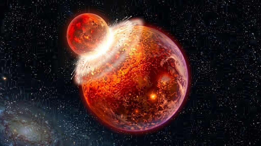 Collision of two molten planets in outer space with glowing lava surfaces and starry background