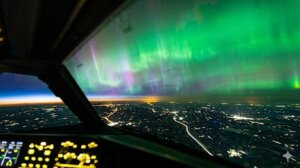 Northern lights visible from an airplane cockpit flying over a city at night.