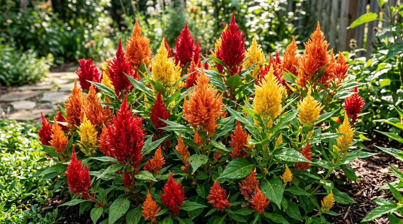 Colorful red, orange, and yellow celosia flowers blooming in a garden bed with green foliage.