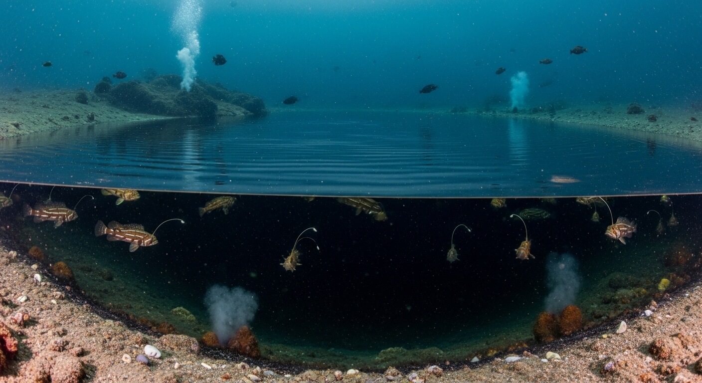 Underwater view of anglerfish with bioluminescent lures near ocean floor vents releasing bubbles
