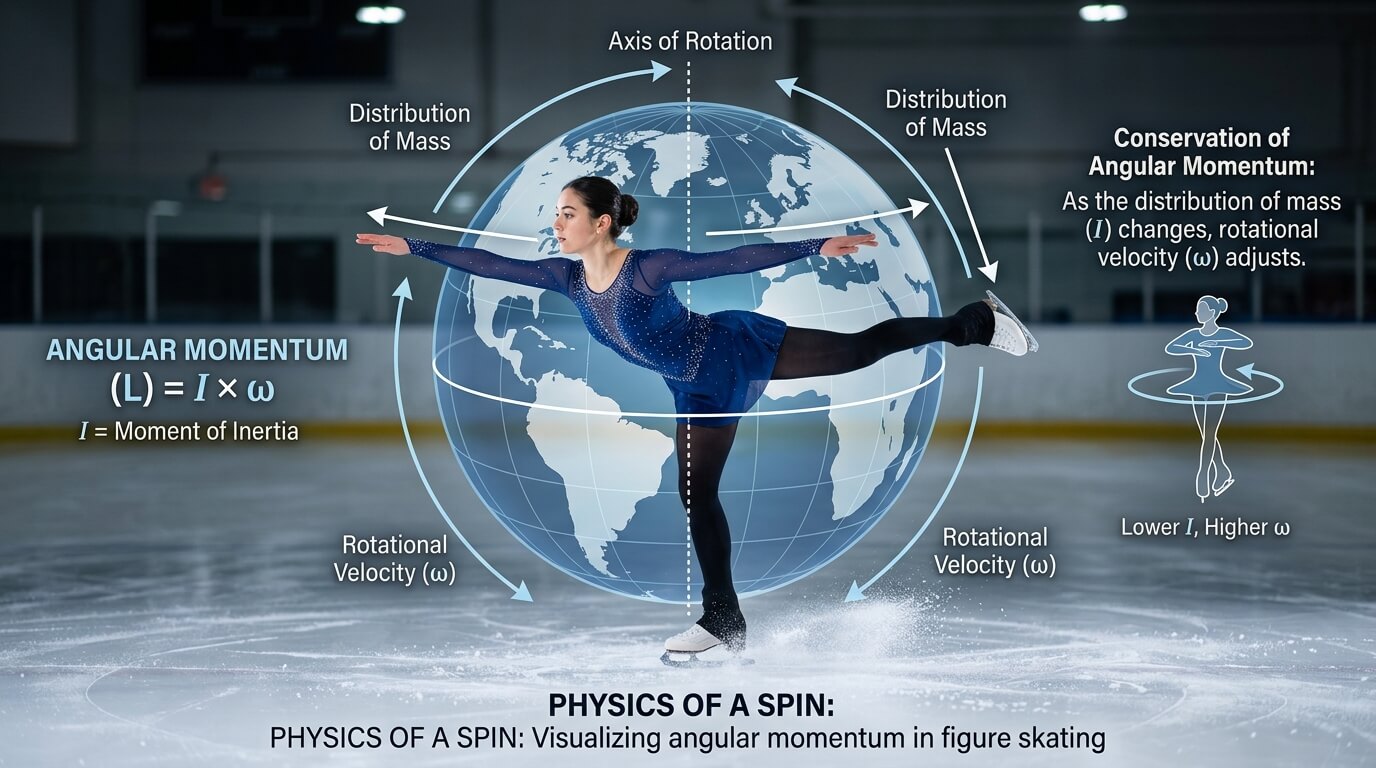 Figure skater performing a spin with overlaid physics diagram explaining angular momentum and distribution of mass.