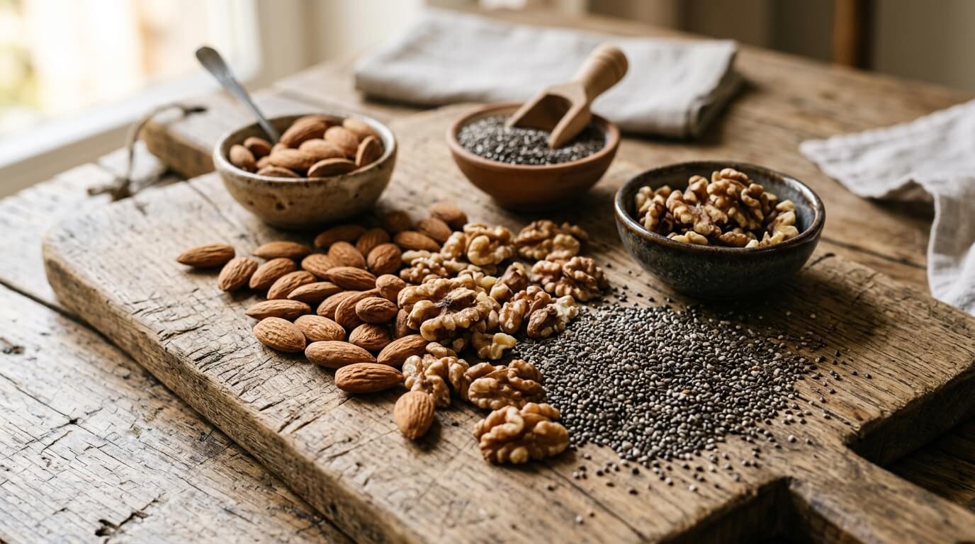 Almonds, walnuts, and chia seeds arranged on a rustic wooden cutting board with bowls and scoops.