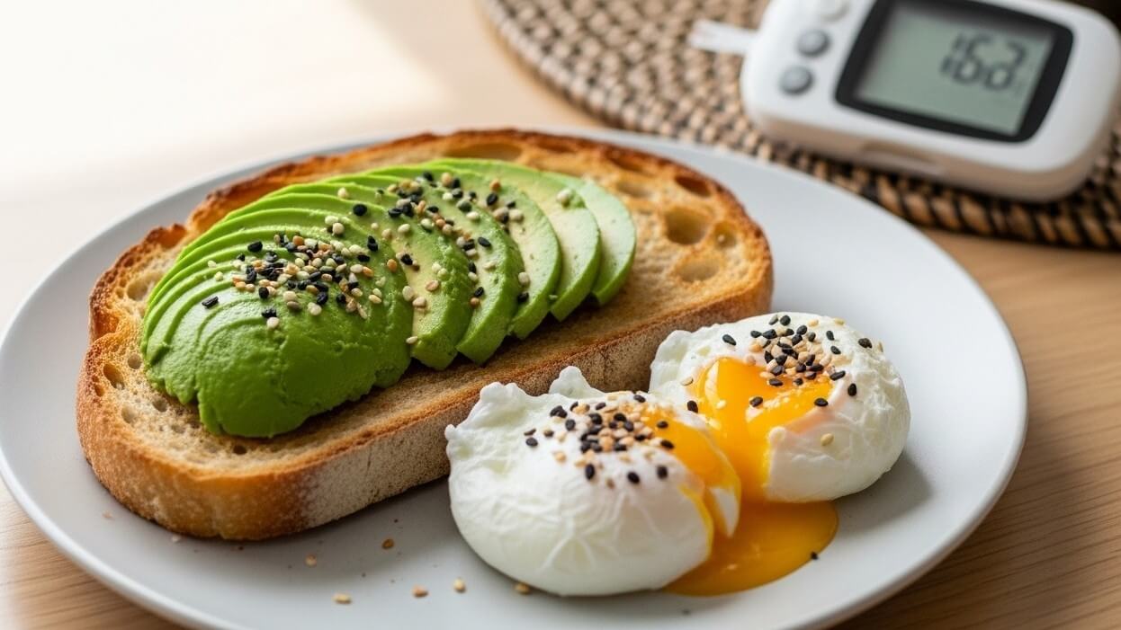 Toast with sliced avocado and everything bagel seasoning, served with two poached eggs on a white plate.
