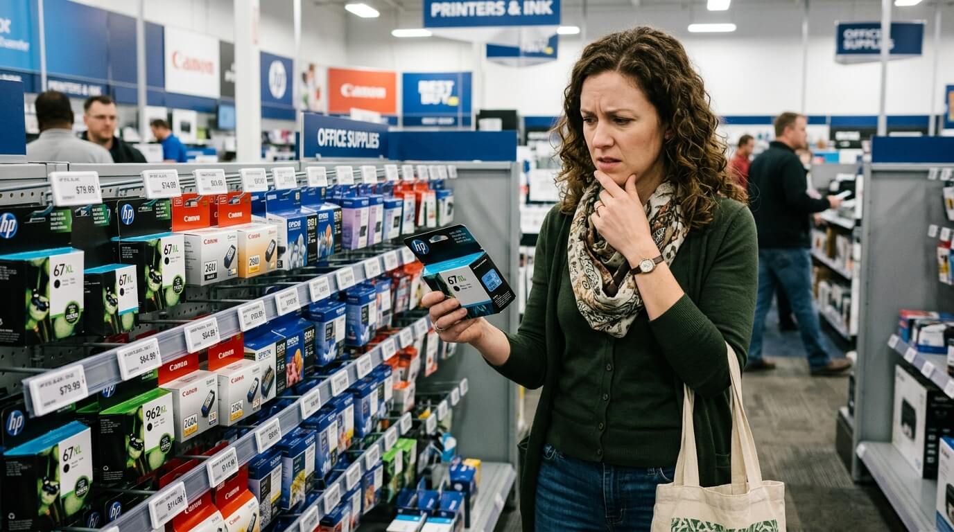 Woman examining an HP 67XL ink cartridge in an office supply store aisle.
