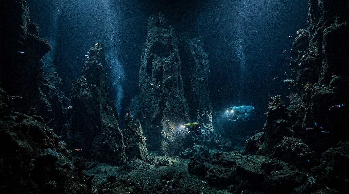 Two underwater remotely operated vehicles exploring deep-sea hydrothermal vents with rocky formations.